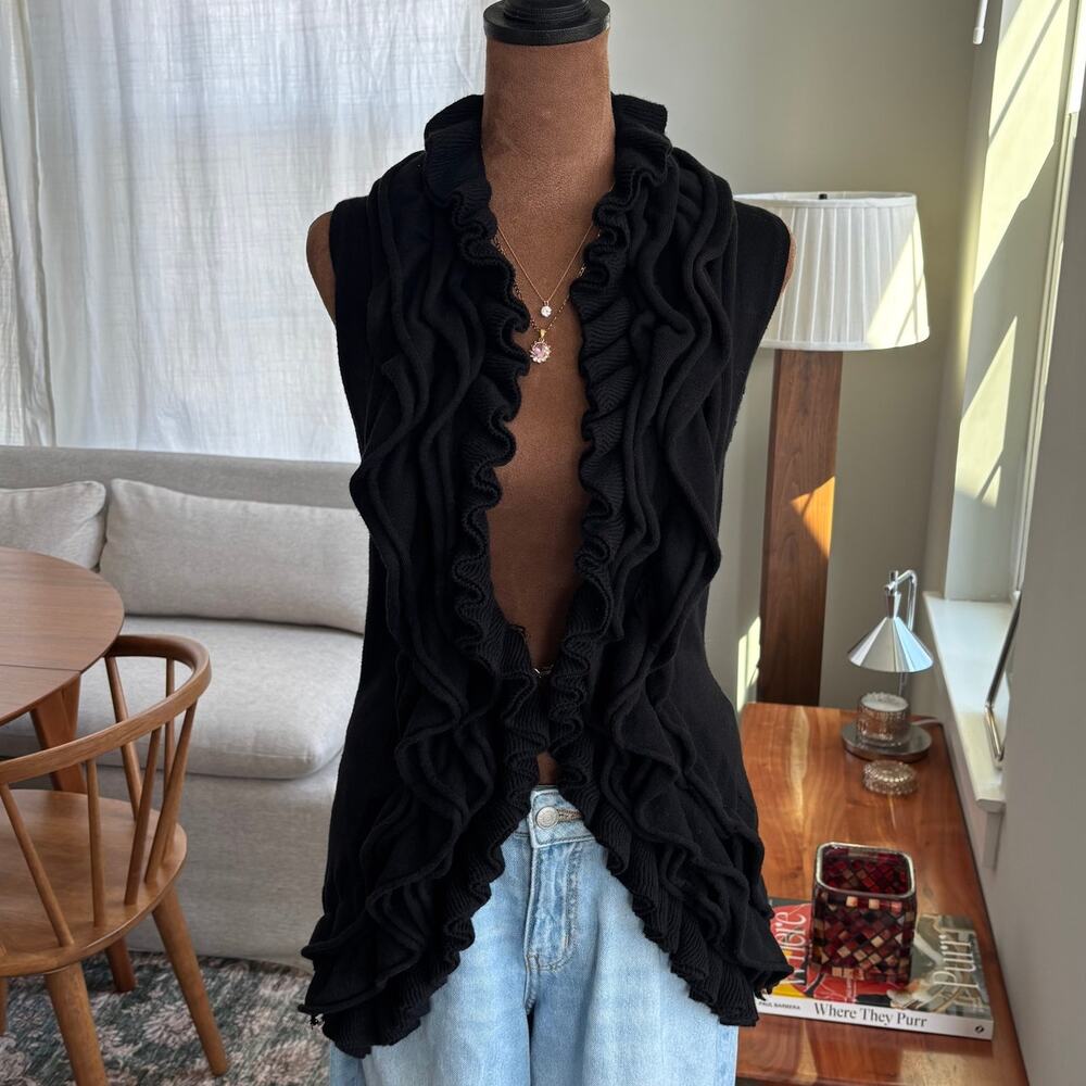 Romeo & Juliet Couture Cotton Blend Ruffle Cardigan Black Sleeveless Y2K Medium